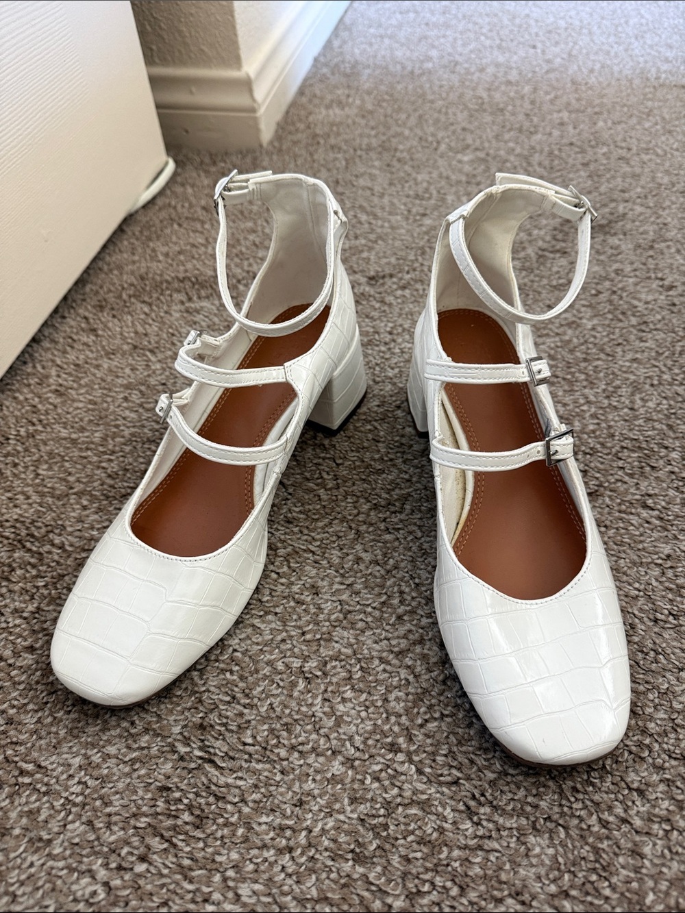 ASOS White Croc-Embossed Triple-Strap Block Heels